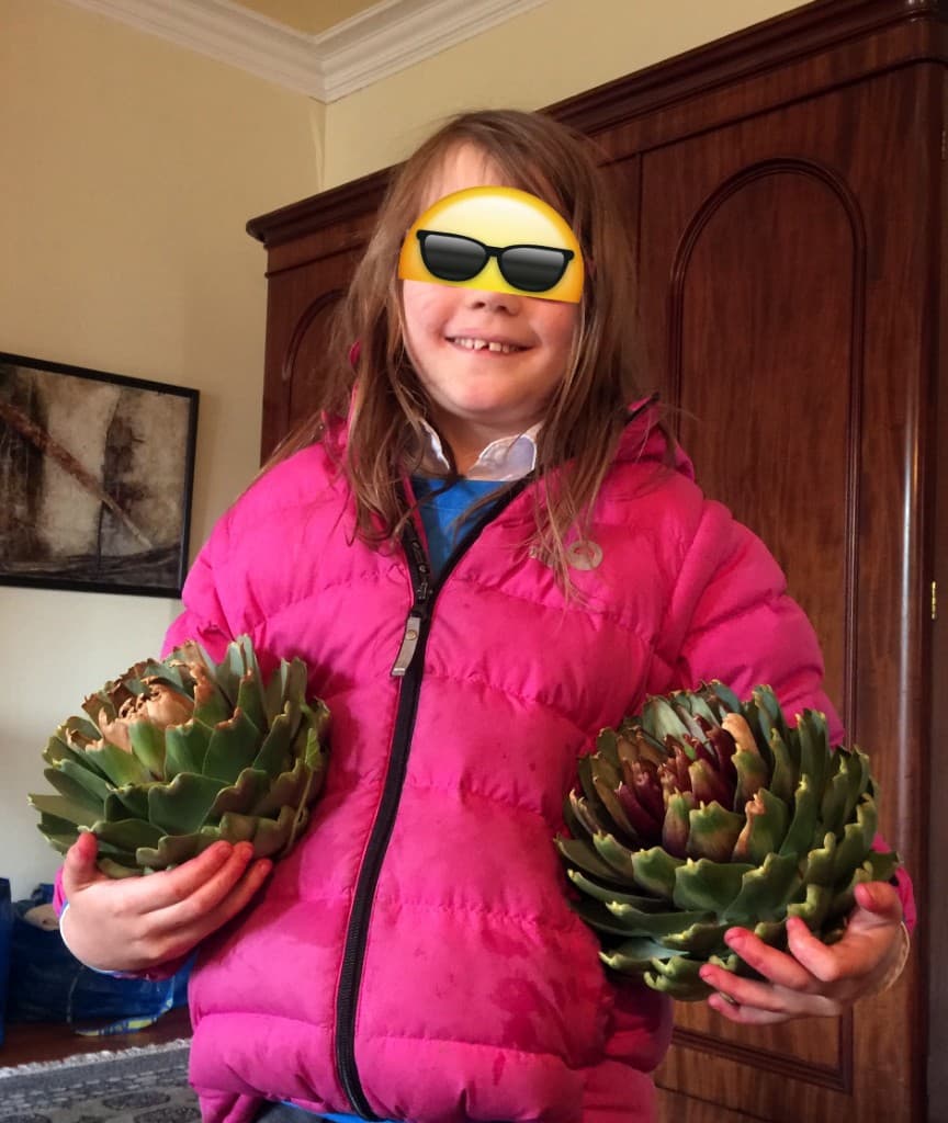 A in a pink jacket holding two large artichokes indoors