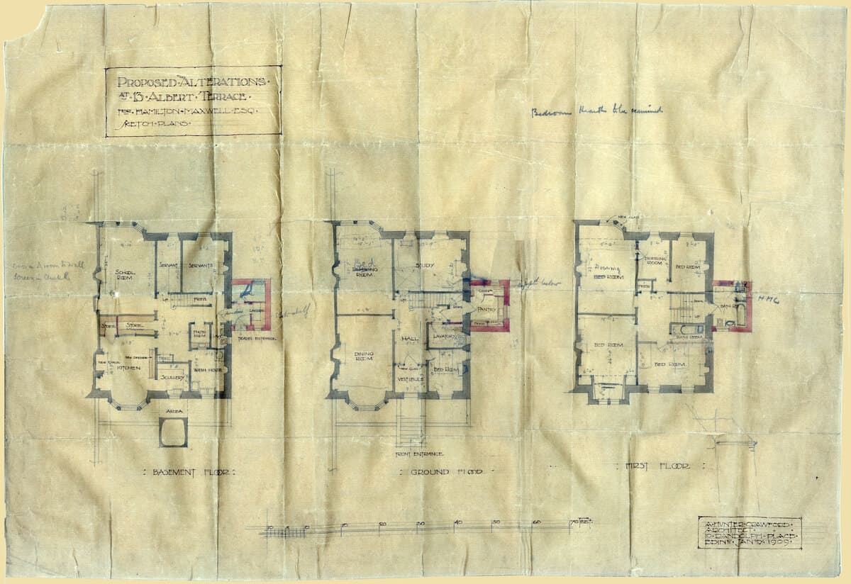 1909 extension plan showing the three-storey wing addition