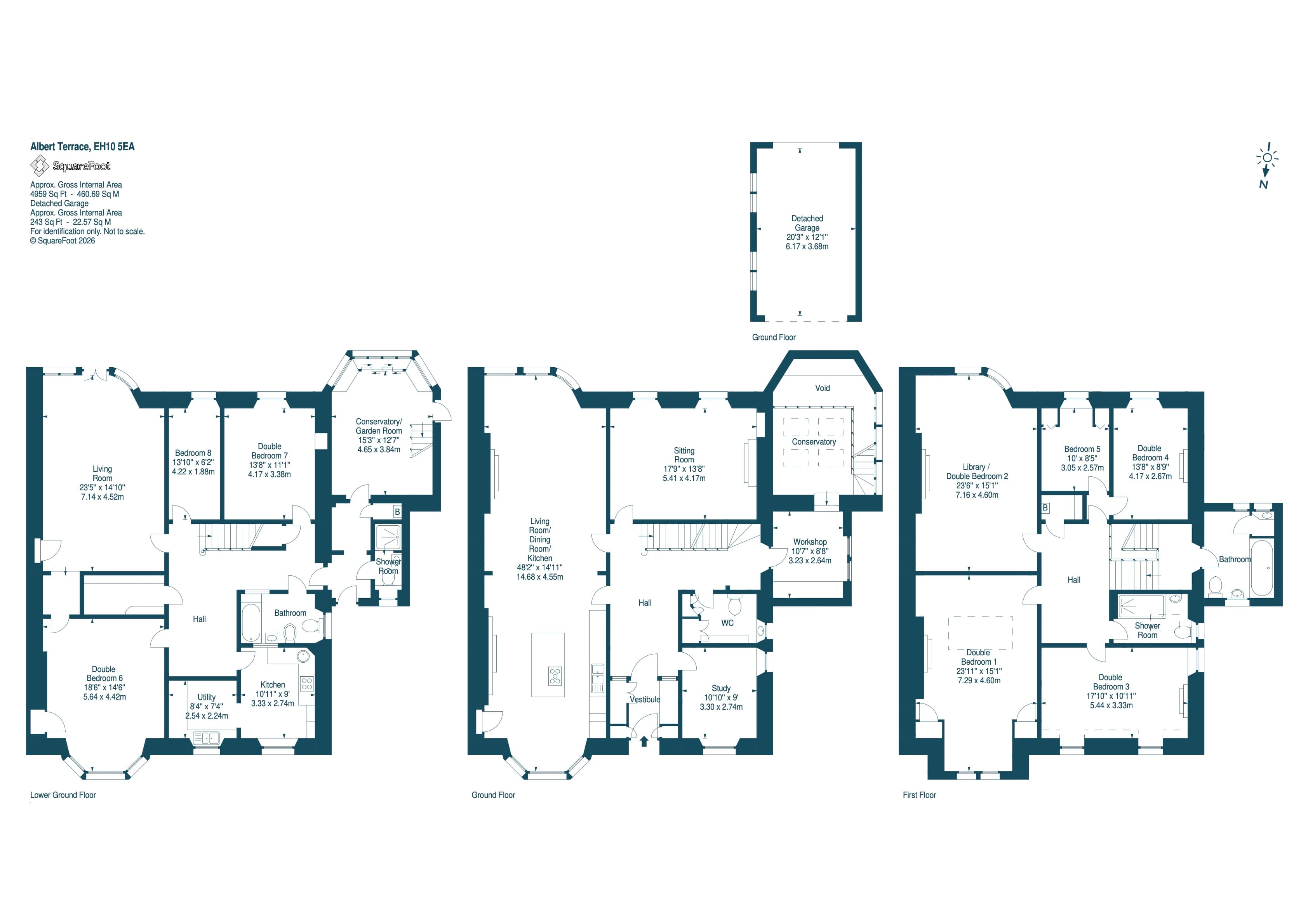 SquareFoot measured floor plan of 13 Albert Terrace, 2026, showing the lower ground floor, ground floor, first floor and detached garage